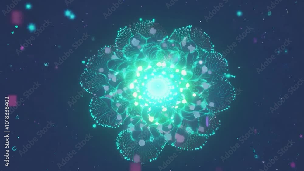 Poster animation showcases pink squares converging at the center, transforming into a glowing turquoise flo
