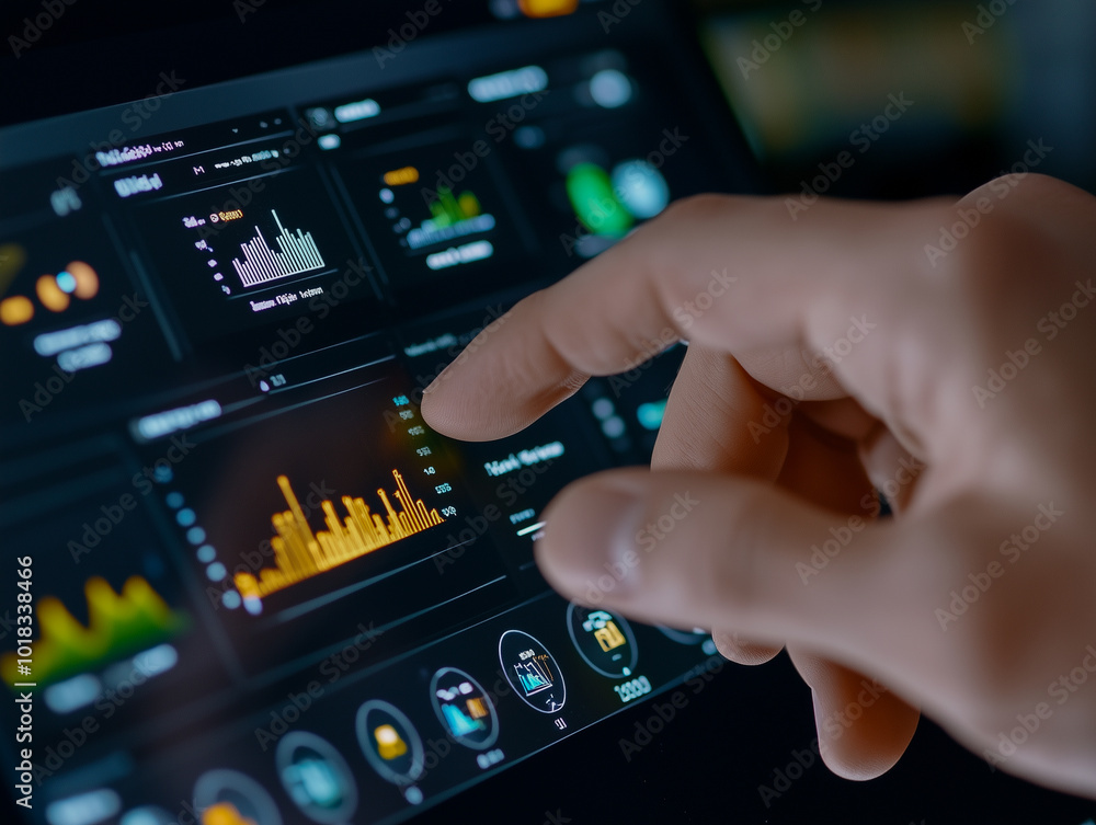 Poster close-up shot of hand interacting with touchscreen device during business presentation in dark setti