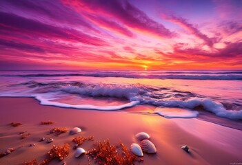 Obraz premium breathtaking beach sunset showcasing vibrant gentle serene atmosphere, waves, color, sky, clouds, sandy, water, sea, landscape, reflection, horizon
