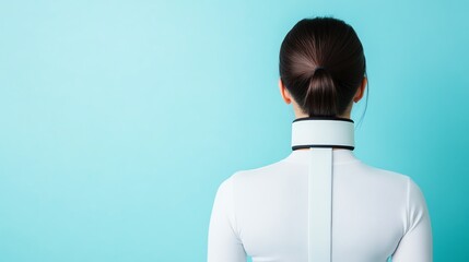 Profile view of a person wearing a posture corrector, digital workspace, office syndrome, corrective gear