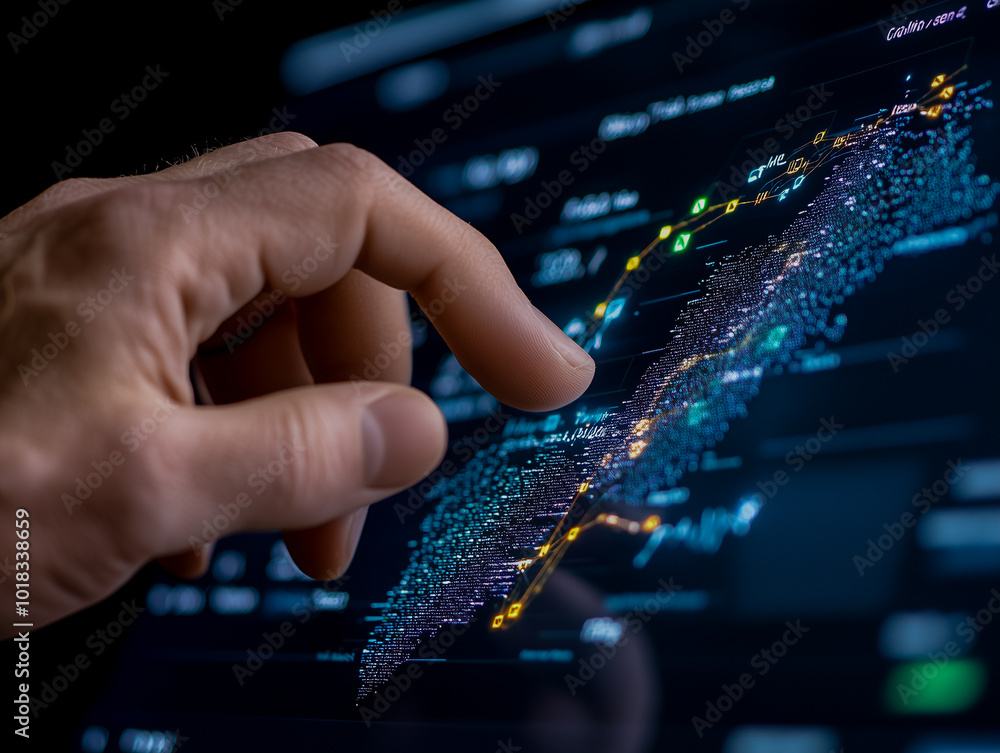 Poster close-up shot of hand interacting with touchscreen device during business presentation in dark setti