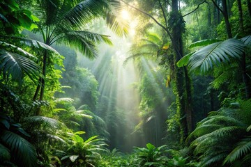 Mysterious lush tropical rainforest with sunlight filtering through the canopy