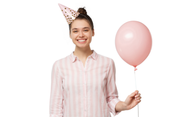 Happy birhday girl celebrating, holding pink balloon