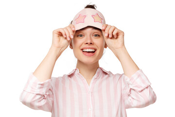 Young happy smiling woman, looking under sleeping mask which she is wearing on forehead