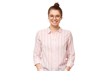 Portrait of young happy smiling girl wearing striped shirt and round glasses, holding hands in...
