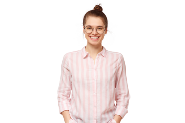 Portrait of young happy smiling girl wearing striped shirt and round glasses, holding hands in pocket
