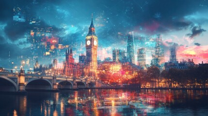 Obraz premium A vibrant and surreal cityscape of London with Big Ben, the Houses of Parliament, and the River Thames, bathed in a colorful sunset light.