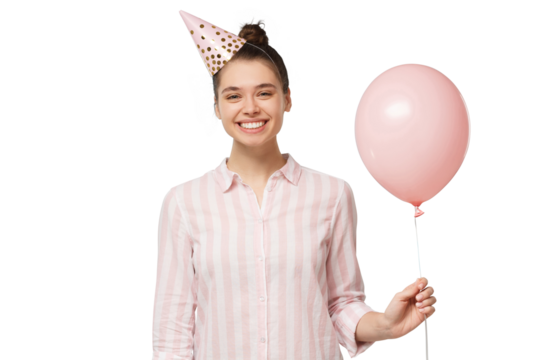 Happy birhday girl celebrating, holding pink balloon