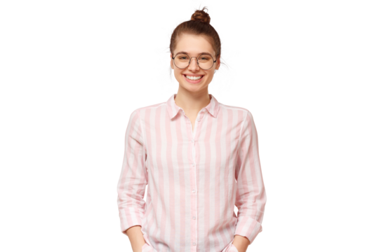 Portrait of young happy smiling girl wearing striped shirt and round glasses, holding hands in pocket