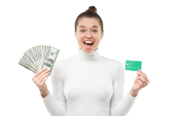 Pretty girl shouting WOW with joy after getting cash in 100 hundreds of dollars from her new credit card. Good exchange rate concept
