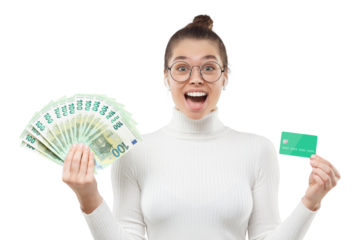 Young woman in glasses, holding fan of hundred 100 euro notes and credit card, feeling excited about big cash, shouting WOW. Online payment ads