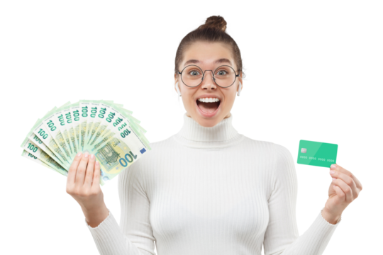 Young woman in glasses, holding fan of hundred 100 euro notes and credit card, feeling excited about big cash, shouting WOW. Online payment ads