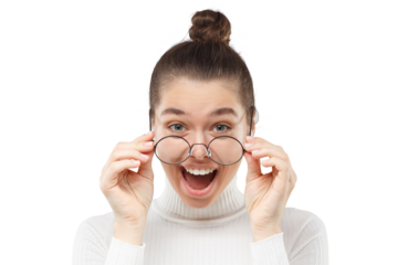 Wow! Young happy girl looking through round glasses at great beneficial commercial offer, feeling surprised, excited and amazed