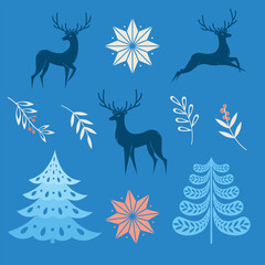 Christmas set with deers, trees, plants and stars on blue background. 