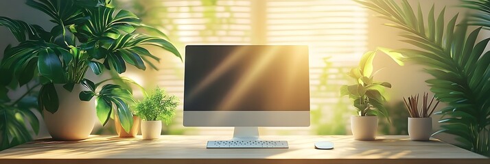 Bright, minimalist home office with plants, banner with copy space