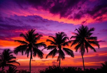 tropical palm tree silhouette framed vivid sunset sky featuring dreamy hues purple stunning evening landscape, vibrant, orange, pink, dramatic, clouds, bright