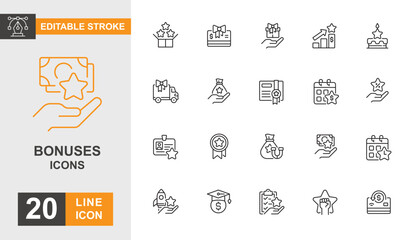 Bonuses icon set. Employee, insurance, award, earning, champion and more line icon. Editable stroke icon.