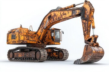 heavy excavator positioned on a clean white backdrop showcasing its robust design and detailing emphasizing construction and industrial strength