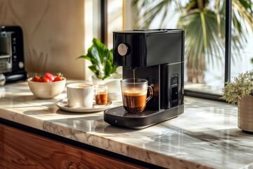 Morning Coffee Bliss. A modern coffee machine brewing a cup of coffee on a marble countertop, surrounded by a cup of coffee, strawberries, and plants.