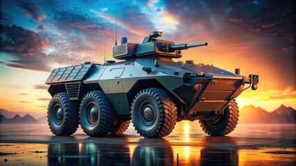 Futuristic autonomous armored vehicle in silhouette