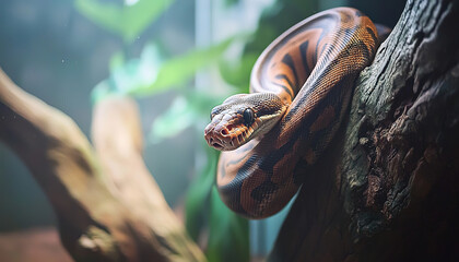 Fototapeta premium Brown boa constrictor on tree branch outdoors 