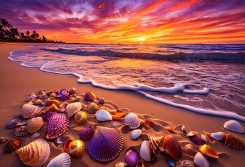 captivating vibrant beach sunset showcasing colorful array seashells artistically scattered shoreline, coastline, ocean, waves, sand, horizon, skies