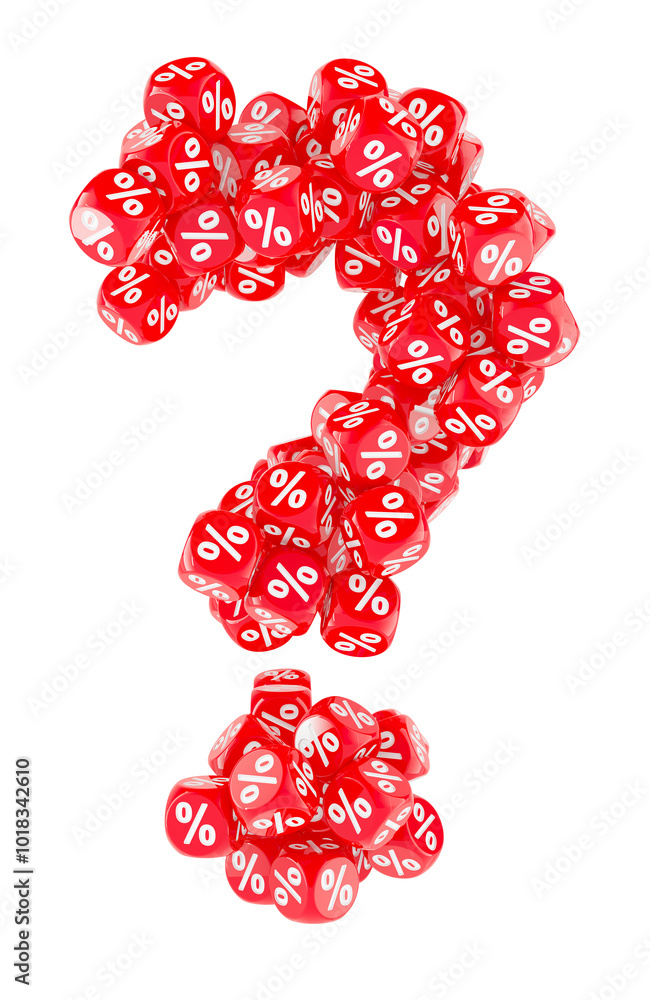 Poster question mark from red discount cubes, 3d rendering isolated on transparent background