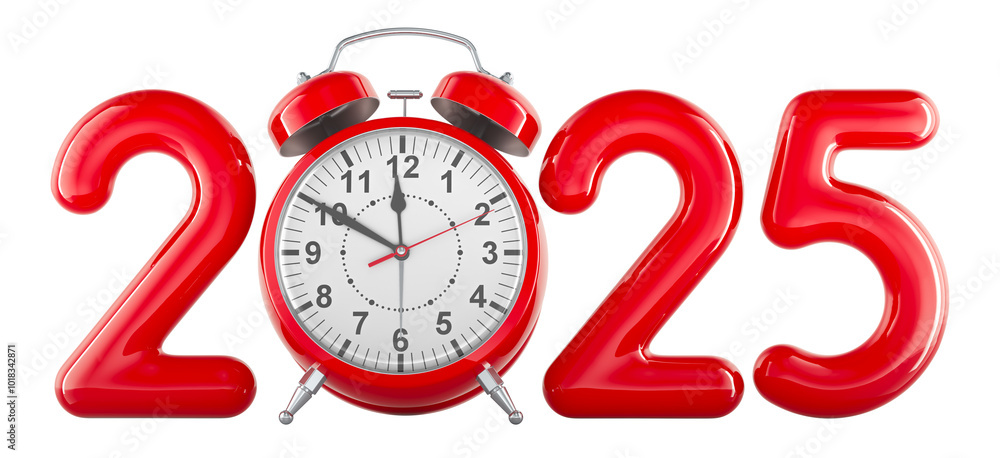 Poster 2025 concept with alarm clock, 3d rendering isolated on transparent background