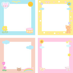 Pastel frame set with cat, heart, flower, butterfly, rainbow for polaroid photo, square ad template, social media post, decoration, notepads, sticky note, memo, animal print, spring, summer, picnic