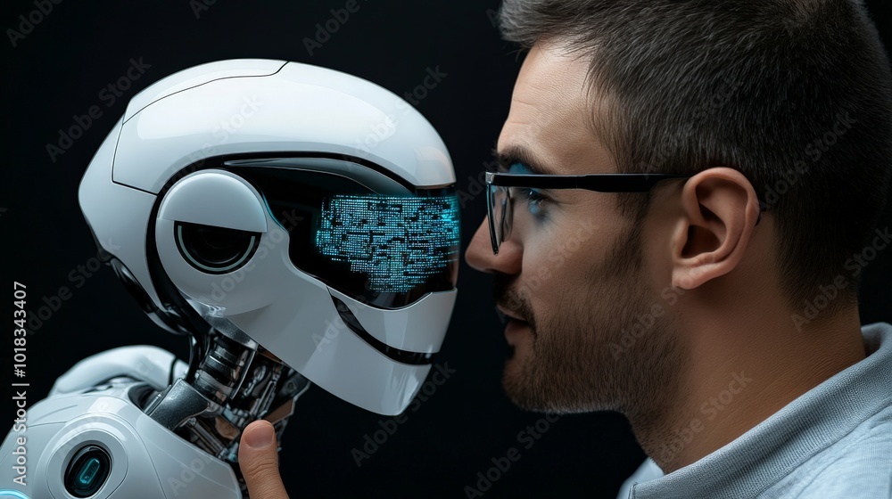 Poster humanity and ai: a close encounter. a man in glasses faces a sleek, futuristic robot head, creating 