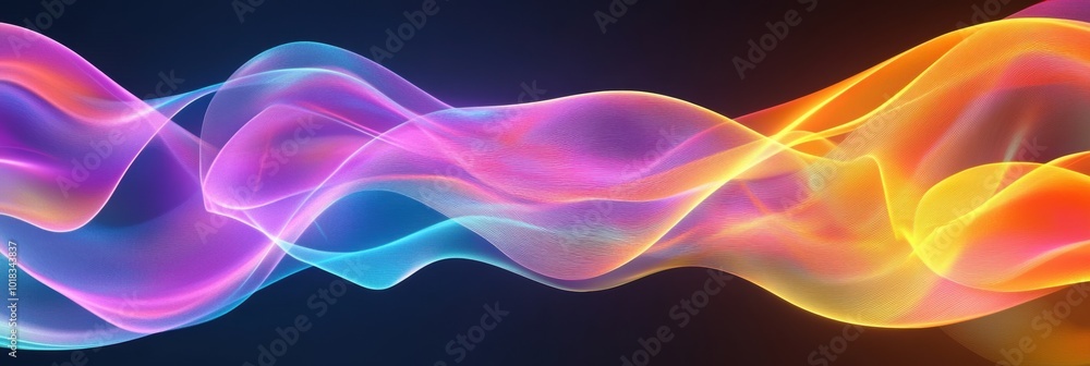 Poster vibrant fluid waves, dynamic abstract design featuring colorful wave patterns and shimmering light r