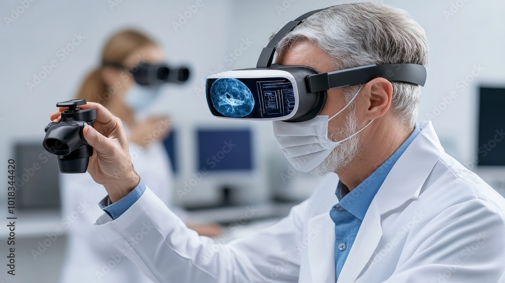 Poster vr brain scan: a senior scientist wearing a mask uses a vr headset and controller to examine a brain