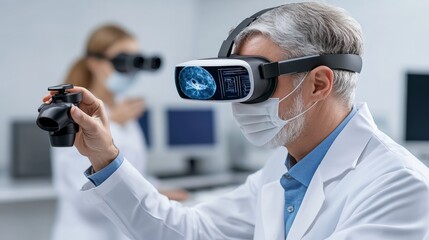 VR Brain Scan: A senior scientist wearing a mask uses a VR headset and controller to examine a brain scan. A colleague is in the blurry background. The image is set in a modern lab setting.