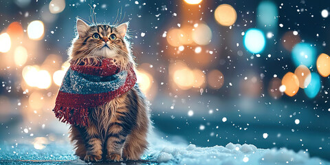 A cat wearing a red and blue scarf is sitting on a snowy surface