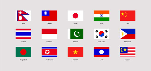 China, India, Taiwan, Japan, South Korea, Thailand, Indonesia, Pakistan, Philippines flags vector illustration. Asian states national symbols set with countries names. Asia simple official flags icons