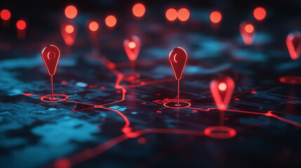 Glowing red pins on a blue city map indicating city routes and destinations. Concept of logistics, connection, navigation and travel.	
