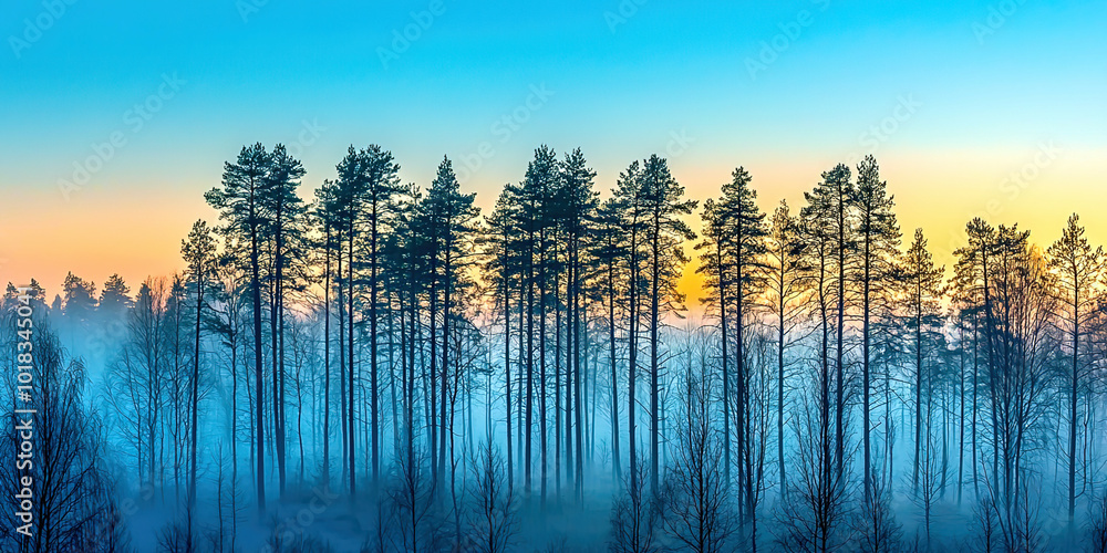 Poster a forest with trees in the foreground and a blue sky in the background