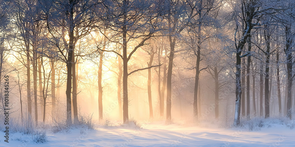 Poster a snowy forest with trees covered in snow and a sun shining through the trees