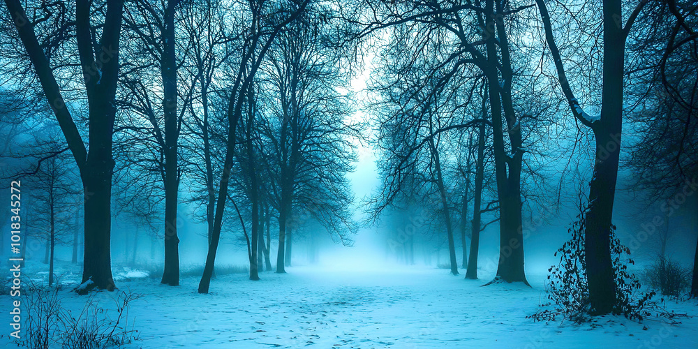 Poster a snowy forest with trees and a foggy sky