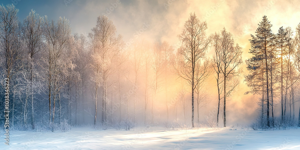 Poster a snowy forest with trees covered in snow