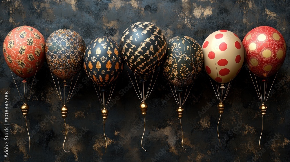 Poster a row of seven colorful balloons with intricate patterns and gold accents against a textured backgro