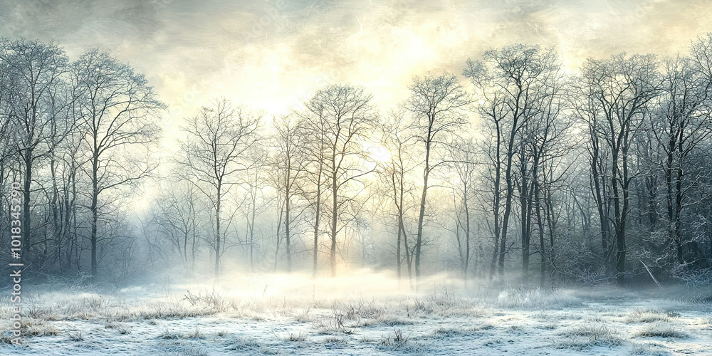 Poster A snowy field with trees in the background