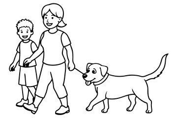 A boy and mother walk with a cheerful dog, coloring book coloring Page stock vector illustration