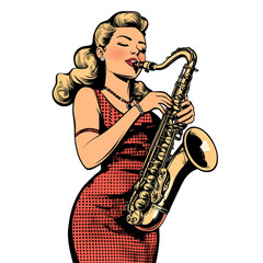 Retro Women Playing Saxophones and Trumpets, Colorful Vintage Style Vector Illustration of Female Musician, Cutout, Isolated on Transparent PNG/White Background.