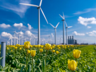 Field with tulips and wind turbines. Green energy production. Landscape with flowers at the day time. Photo for wallpaper and background 