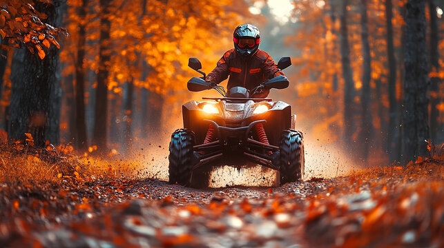Adventurous ATV ride through autumn forest trails with vibrant colors
