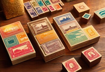 creative arrangement colorful passport stamps showcasing thread travel through vivid designs intricate prints, colors, layout, vibrant, collection, decor