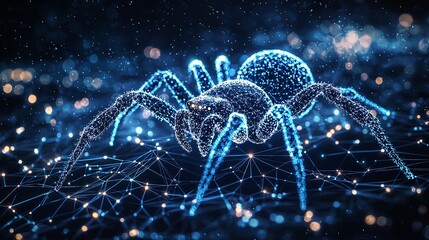 A digital spider crafted from points of light, appearing in a mesh of glowing lines, creating a futuristic and technological aesthetic in shades of blue and black.