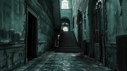 hauntingly beautiful abandoned corridor with peeling walls and a grand staircase, evoking a sense of mystery and nostalgia.
