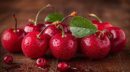 Fresh Red Cherries. Close-up Ripe, Juicy fruits with Stems and Water Droplets on a Rustic Surface.